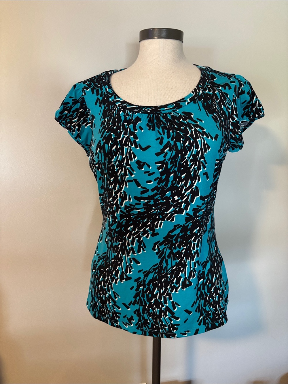Teal Patterned Short Sleeve Women's Top